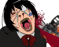 anime another_(anime) blood bowtie chainsaw eyepatch kosovo misaki_mei open_mouth queen_of_spades red_eyes tattoo tongue trans_rights variant:bernd white_skin yellow_teeth // 900x722 // 399.1KB
