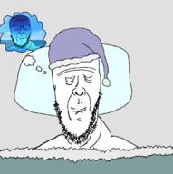 2soyjaks bed blanket blue_skin calm closed_eyes closed_mouth clothes dream fixed_coloring_reupload hat irl_background nightcap sky sleeping smile soyjak speech_bubble stephen_colbert stubble thought_bubble variant:Cobbert // 708x711 // 73.2KB