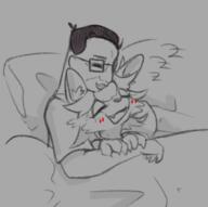 bed blush closed_mouth cuddle fox furry glasses hair open_mouth redraw smile soyjak trad_wife variant:chudjak // 473x471 // 93.7KB