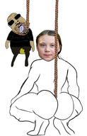 andrew_tate ass broly_culo brown_skin clothes full_body glasses greta_thunberg hanging open_mouth piss rope soyjak stubble tongue variant:bernd yellow_teeth // 338x526 // 75.4KB