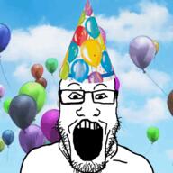 animated balloon excited glasses open_mouth party_hat stubble variant:markiplier_soyjak // 360x360 // 1.6MB