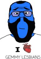 ai_generated beard blue blue_skin calm closed_mouth clothes gem glasses hair heart i_love lesbian open_mouth smile soyjak tshirt variant:dustin variant:science_lover // 840x1217 // 116.9KB