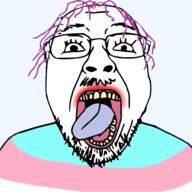 animated clothes flag glasses inverted open_mouth pixiz purple_hair soyjak stubble tongue tranny trаnnу variant:bernd yellow_teeth // 600x600 // 208.6KB