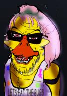 2soyjaks chica duck five_nights_at_freddy's glasses meta:low_resolution open_mouth pink_hair soyjak stubble variant:feraljak video_game // 223x318 // 110.2KB
