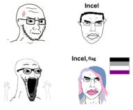 4soyjaks anger_mark asexual closed_mouth concerned flag glasses hair hand hands_up incel soyjak stretched_mouth stubble subvariant:chudjak_front subvariant:wewjak tranny tumblr variant:chudjak variant:soyak // 1298x1073 // 302.2KB