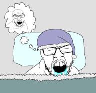 angry bed blanket closed_eyes clothes dream drool glasses hat nightcap open_mouth sleeping soyjak speech_bubble stubble variant:feraljak // 1900x1837 // 37.4KB