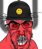 angry blood cap clothes cracked_teeth ear glasses hat ifunny red_eyes red_skin soyjak stubble variant:feraljak // 741x858 // 774.2KB