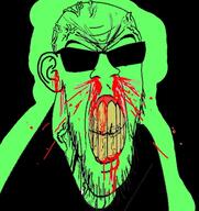 angry blood clenched_teeth clothes ear glasses glowie glowing green_skin soyjak stubble sunglasses variant:feraljak vein yellow_teeth // 399x423 // 213.5KB