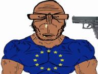 ack animated anti_euro blood bloodshot_eyes brown_skin buff clothes crying ear euromutt european european_union flag flag:european_union glasses glock gun hair open_mouth red_eyes shitskin soyjak subvariant:euromutt subvariant:muscular_chud suicide tongue variant:markiplier_soyjak weapon // 600x452 // 516.1KB