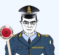 baton buff closed_mouth clothes country ear flag glasses green_eyes hair italy looking_at_you muscles necktie police police_hat subvariant:chudjak_front subvariant:muscular_chud text uniform variant:chudjak vein // 1243x1166 // 107.6KB