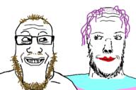2soyjaks are_you_soying_what_im_soying balding brown_hair brown_mustache brown_stubble closed_mouth coomer glasses lipstick looking_at_each_other mustache purple_hair smile stubble subvariant:bighead tranny variant:a24_slowburn_soyjak variant:markiplier_soyjak // 1200x800 // 223.1KB