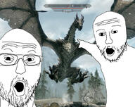 2soyjaks arm dragon glasses hand mustache open_mouth pointing skyrim soyjak stubble variant:two_pointing_soyjaks video_game wyvern // 750x593 // 120.5KB
