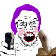 angry banana blush firearm food fruit glasses gun hair hand makeup mustache open_mouth pointing pointing_at_viewer soyjak stubble tranny variant:feraljak // 1000x1000 // 3.8MB