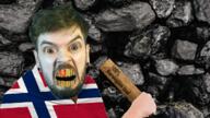 angry beard bloodshot_eyes blue_eyes clothes coal country flag glasses hair hand holding_object irl irl_background jacksepticeye mustache norway open_mouth text variant:feraljak yellow_teeth // 1278x720 // 1.5MB