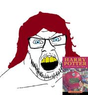 angry blue_eyes book female glasses hair harry_potter jk_rowling long_hair open_mouth red_hair soyjak stubble text train variant:feraljak yellow_teeth // 637x687 // 107.6KB