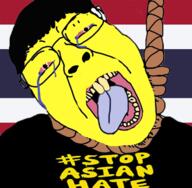 bloodshot_eyes clothes country crying flag glasses hair hanging open_mouth rope small_eyes soyjak suicide thai thailand tongue variant:bernd yellow_skin yellow_teeth // 726x711 // 483.9KB