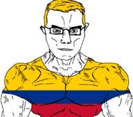 arm blond blue_eyes buff closed_mouth clothes colombia country countrywar flag flag:colombia glasses hair soyjak subvariant:chudjak_front subvariant:muscular_chud tshirt variant:chudjak vein // 1059x929 // 22.5KB