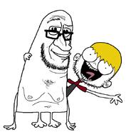 2soyjaks cartoon cartoon_network closed_mouth clothes ear full_body glasses gynaecomastia hair happy naked nate open_mouth smile soyjak stubble the_marvelous_misadventures_of_flapjack tongue variant:pissluffare variant:unknown yellow_hair // 832x867 // 38.8KB