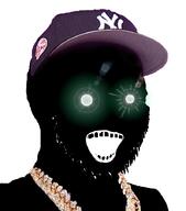 black_skin cap chain clothes glowing glowing_eyes hat inverted music new_york_yankees open_mouth rap soyjak stubble tho thougher variant:classic_soyjak yankees // 795x905 // 298.5KB