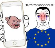 amerimutt anger_mark arm blush closed_mouth crying europe european_union flag hand holding_object phone soyjak subvariant:chudjak_front text variant:chudjak yuropoor_cuck_faggot // 1000x872 // 499.9KB
