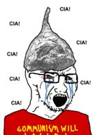 animated bloodshot_eyes central_intelligence_agency clothes communism crying glasses hat open_mouth soyjak stubble text tin_foil variant:classic_soyjak // 861x1243 // 321.7KB