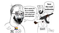 ak-47 arabic_text beard bloodshot_eyes clothes crescent crying dig_the_fucking_hole ear firearm glasses gun hair hand holding_gun holding_object holding_rifle imminent_death islam lgbt lgbt_flag meme mustache open_mouth pride_flag progress_pride_flag reddit refugees_welcome rifle shahada snoo soyjak speech_bubble stubble taqiyah thick_eyebrows variant:soyak weapon // 1920x1080 // 601.0KB