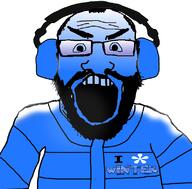 angry balding beard blue_skin earmuffs hair i_love jacket soyjak variant:science_lover winter // 800x789 // 249.0KB