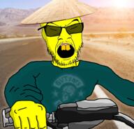 arm asian closed_eyes clothes glasses hand hat holding_object irl_background motorcycle mustache open_mouth rice_hat riding small_eyes soyjak stubble sunglasses variant:feraljak yellow yellow_skin yellow_teeth // 959x928 // 879.8KB
