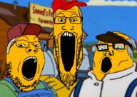 3soyjaks black_cap cap cartoon clothes glasses hair hat open_mouth red_cap shop sneed soyjak soyjak_trio stretched_mouth stubble the_simpsons variant:gapejak variant:markiplier_soyjak variant:tony_soprano_soyjak white_hair yellow yellow_hair // 1596x1128 // 946.9KB