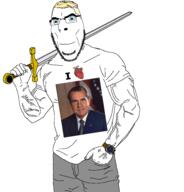 blue_eyes clothes flag flag:united_states glasses grey_pants heart i_heart muscles richard_nixon soyjak stubble sword united_states variant:cobson watch yellow_hair // 1834x1910 // 640.4KB