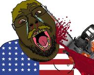 american_flag blood bloodshot_eyes brown_skin cartel chainsaw colombia country crime crying death flag glasses gore hair murder mustache open_mouth soyjak sweating united_states variant:gapejak yellow_teeth // 900x722 // 139.2KB