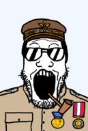 3soyjaks clothes douglas_macarthur epaulettes general glasses hair hearts_of_iron hoi4 medal military military_hat military_uniform open_mouth pipe subvariant:wholesome_soyjak sunglasses text united_states variant:gapejak variant:impish_soyak_ears variant:markiplier_soyjak world_war_2 wwii // 700x1045 // 38.6KB