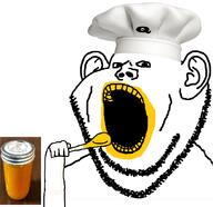 8kun chef clothes ear eating hand hat holding_object honey open_mouth qanon soyjak spoon stubble variant:impish_soyak_ears // 856x830 // 218.7KB