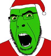 angry christmas clothes glasses green_eyes green_skin grinch hat open_mouth santa santa_hat soyjak stubble variant:cobson yellow_sclera // 775x849 // 63.4KB