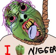 bloodshot_eyes clothes crying deformed flag gimp glasses green_is_my_pepper green_skin hanging i_heart_nigger i_love mustache nigger open_mouth pepper purple_hair rope soyjak stubble suicide text tongue tranny variant:bernd yellow_teeth // 726x711 // 613.3KB