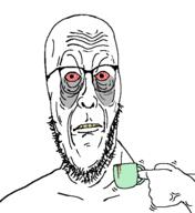 bloodshot_eyes coffee drinking eye_bags glasses hand holding_object open_mouth shaking soyjak stephen_colbert stubble tired variant:Cobbert yellow_teeth // 518x565 // 15.1KB
