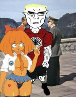 2soyjaks adolf_hitler badge black_sun blue_hair bowtie breasts buff closed_mouth clothes ear female full_body glasses heart hill hills irl_background manlet mymy nazi_germany nazism necktie ongezellig orange_hair orange_skin peace_sign queen_of_hearts redraw shadow skull soyjak stubble subvariant:chudjak_front swastika tattoo text tongue tree tshirt underpants variant:chudjak variant:unknown vein // 796x1013 // 193.6KB