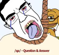 4chan bloodshot_eyes clothes crying dog ear glasses hair hanging janny open_mouth qa_(4chan) rope soyjak subvariant:chudjak_front suicide suspenders tag tongue variant:chudjak yellow_teeth // 768x719 // 305.3KB