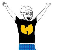 arm clothes glasses hand hands_up open_mouth soyjak stubble tshirt variant:classic_soyjak wu_tang_clan // 1364x1204 // 53.5KB