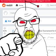 angry animated antenna clenched_teeth glasses hand pointing pointing_at_viewer red_eyes reddit shaking soyjak stubble variant:feraljak yellow_teeth // 1000x1000 // 205.0KB