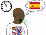 animated breath brown_skin clock country flag glasses open_mouth rent_free south_america soyjak spain speech_bubble stubble variant:soyak // 600x450 // 142.9KB