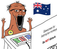 arm australia badge brown_skin computer country flag flag:australia glasses hand hands_up kangaroo monkey open_mouth screen soyjak star_(symbol) stubble subvariant:wewjak text variant:soyak // 1121x954 // 412.2KB