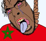 bloodshot_eyes brown_skin crying glasses hair hanging morocco soyjak stubble suicide tongue tranny variant:cobson // 748x666 // 83.0KB