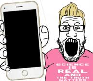 arm clothes deboonker glasses hair hand holding_object holding_phone iphone open_mouth phone pink_shirt science soyjak stubble subvariant:phoneplier subvariant:phoneplier_vertical template tshirt variant:markiplier_soyjak yellow_hair // 680x593 // 367.5KB