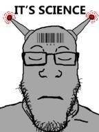 666 antenna barcode closed_eyes closed_mouth frown glasses grey_skin its_over npc robot sber science soyjak stubble text variant:markiplier_soyjak // 600x800 // 46.9KB
