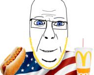 blue_eyes closed_mouth drink food glasses hot_dog mcdonalds smile soyjak stubble subvariant:cobson_front subvariant:nucob united_states variant:cobson yellow_hair // 987x791 // 318.6KB