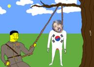 arm asian blood closed_mouth clothes cloud communism country dead drawn_background ear flag:south_korea full_body grass hand hanging holding_object irl leg meta:tagme north_korea open_mouth rope smile smirk teeth tongue total_nigger_death tree uniform variant:chudjak yellow_skin yellow_teeth // 2100x1500 // 307.1KB