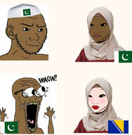 2soyjaks blush bosnia brown_eyes closed_mouth clothes concerned ear eyelashes eyes_popping femjak flag glasses hand hands_up hat hijab islam makeup open_mouth pakistan soyjak stubble text variant:classic_soyjak variant:wojak waow white_skin yellow_teeth // 950x969 // 382.1KB