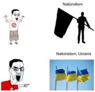 2soyjaks arm bloodshot_eyes closed_mouth clothes crying excited flag full_body glasses hair hand hands_up meme nationalism nazism open_mouth pointing pol_(4chan) russo_ukrainian_war silhouette soyjak stubble swastika text tshirt ukraine variant:chudjak // 771x741 // 223.9KB