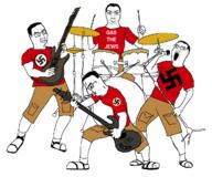 3soyjaks band cargo_shorts closed_mouth clothes drum drum_set drumstick full_body glasses guitar hair holding_guitar holding_instrument holding_object instrument microphone nazism open_mouth playing_instrument sandals shorts subvariant:chudjak_front swastika text tshirt variant:chudjak // 1200x1000 // 182.0KB